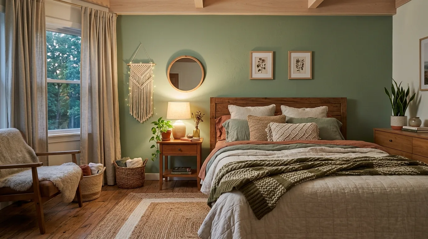 Bring in botanical art with a restrained hand inspiration for a sage green bedroom.